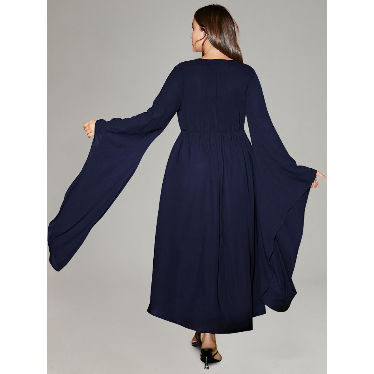 Plus Size Solid Bell Sleeve Pocket Ties High Low Hem Dress DarkBlue Women Elegant Non V-neck Long Sleeve Curvy Midi Dress BloomChic 18-20/2X Product Image