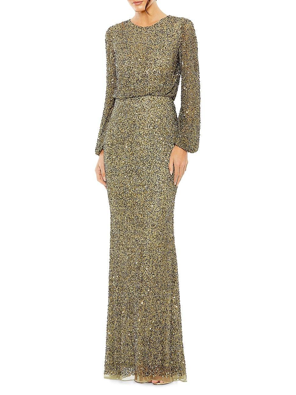 Mac Duggal Crew Neck Long Sleeve Beaded Blouson Gown Product Image