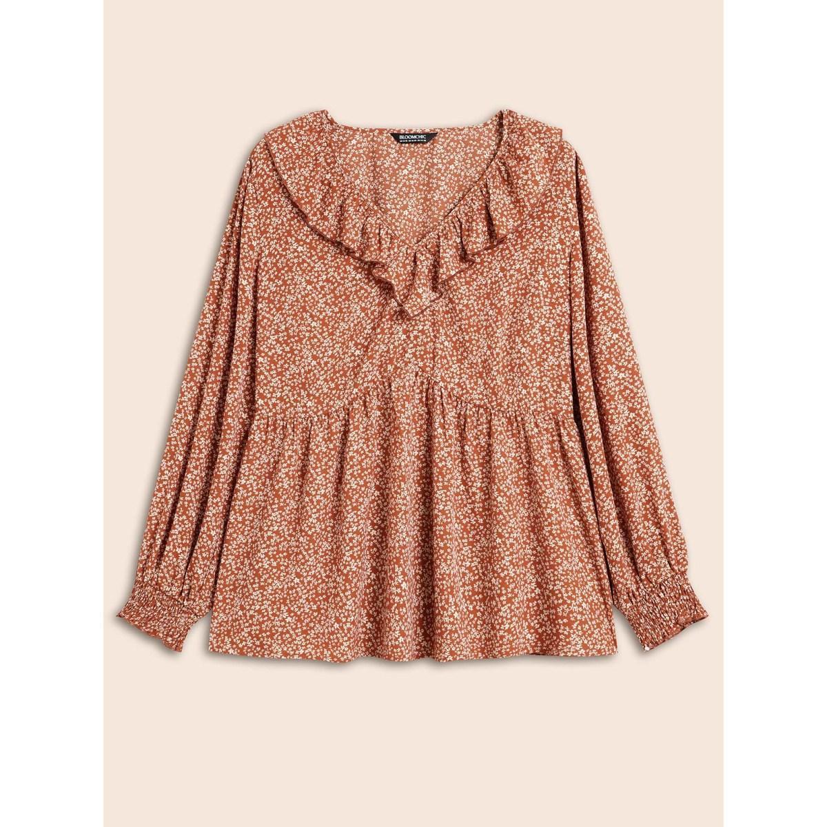Plus Size Rust Ditsy Floral Ruffle Trim Shirred Blouse Women Elegant Long Sleeve V-neck Everyday Blouses BloomChic 12/L Product Image