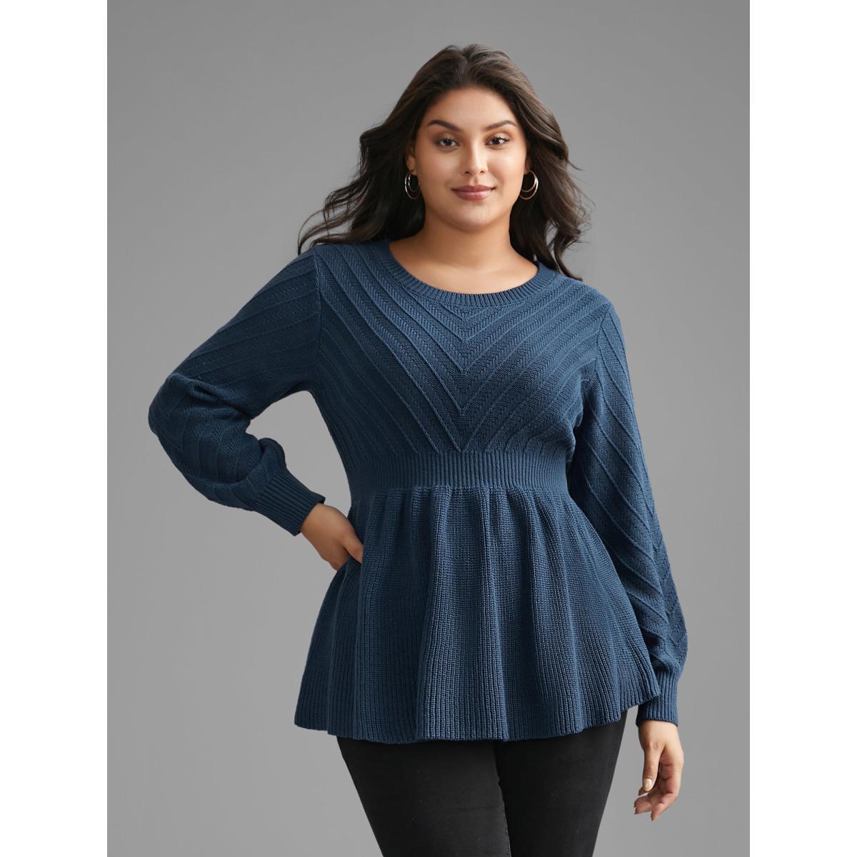Plus Size Crew Neck Plain Textured Lantern Sleeve Pullover Indigo Women Casual Bodycon Long Sleeve Round Neck Everyday Pullovers BloomChic 12/L Product Image