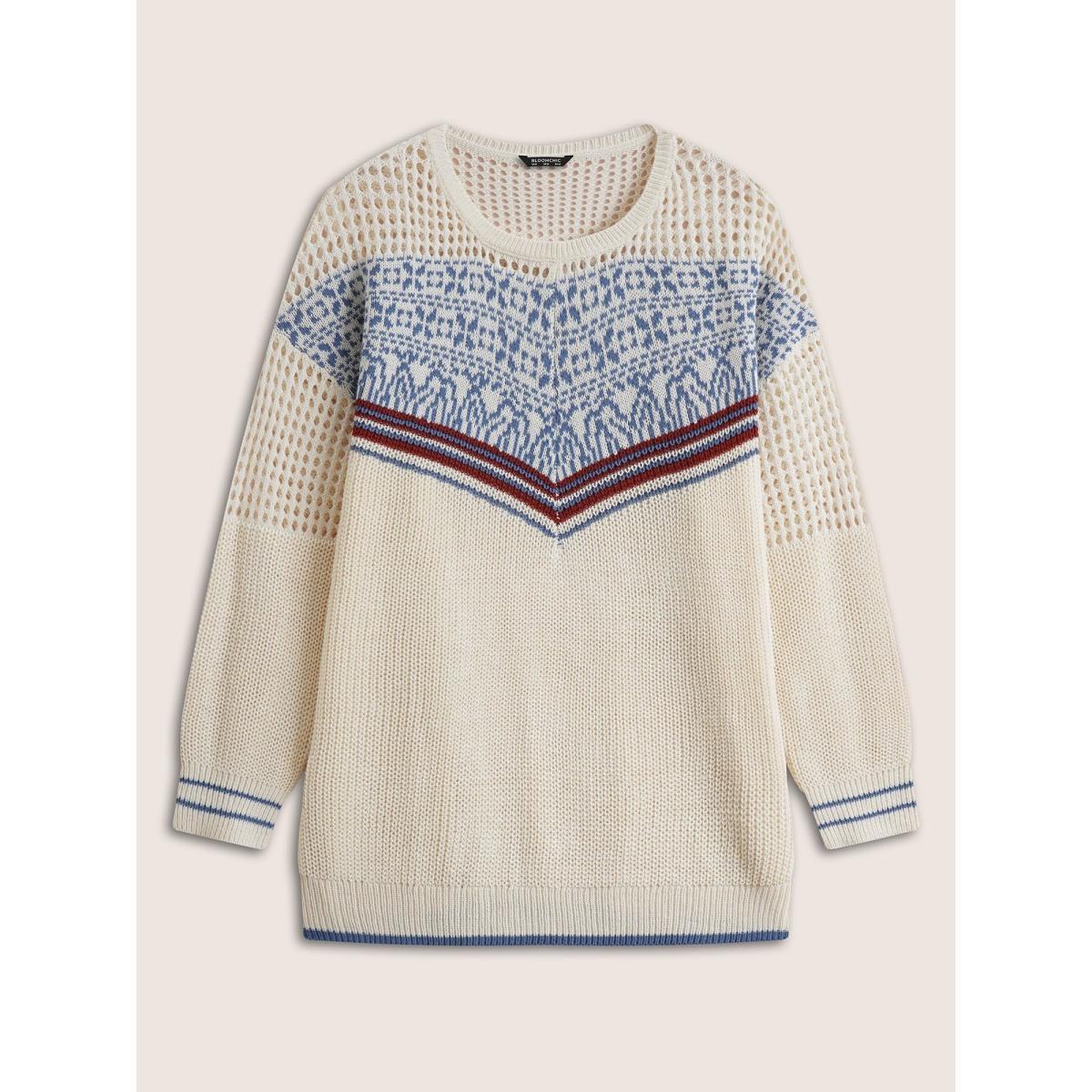 Plus Size Graphic Contrast Patchwork Hollow Out Pullover Beige Women Casual Long Sleeve Round Neck Everyday Pullovers BloomChic 26/4X Product Image