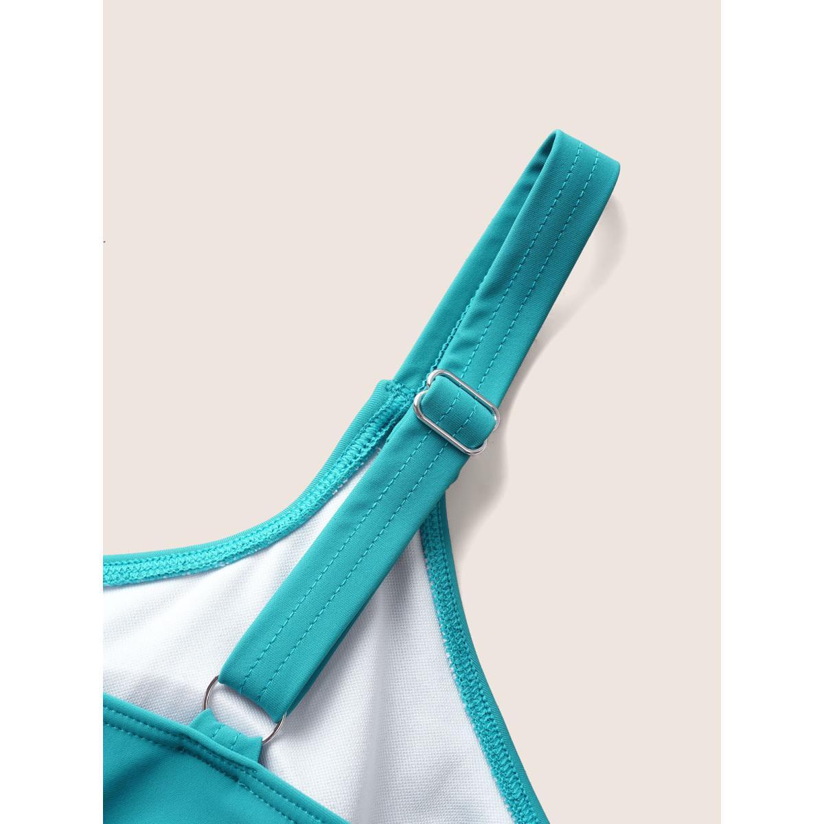 Plus Size Contrast Ruffles Adjustable Straps Swim Top Women's Swimwear Teal Beach Gathered High stretch Bodycon U-neck Curve Swim Tops BloomChic 28/5X Product Image