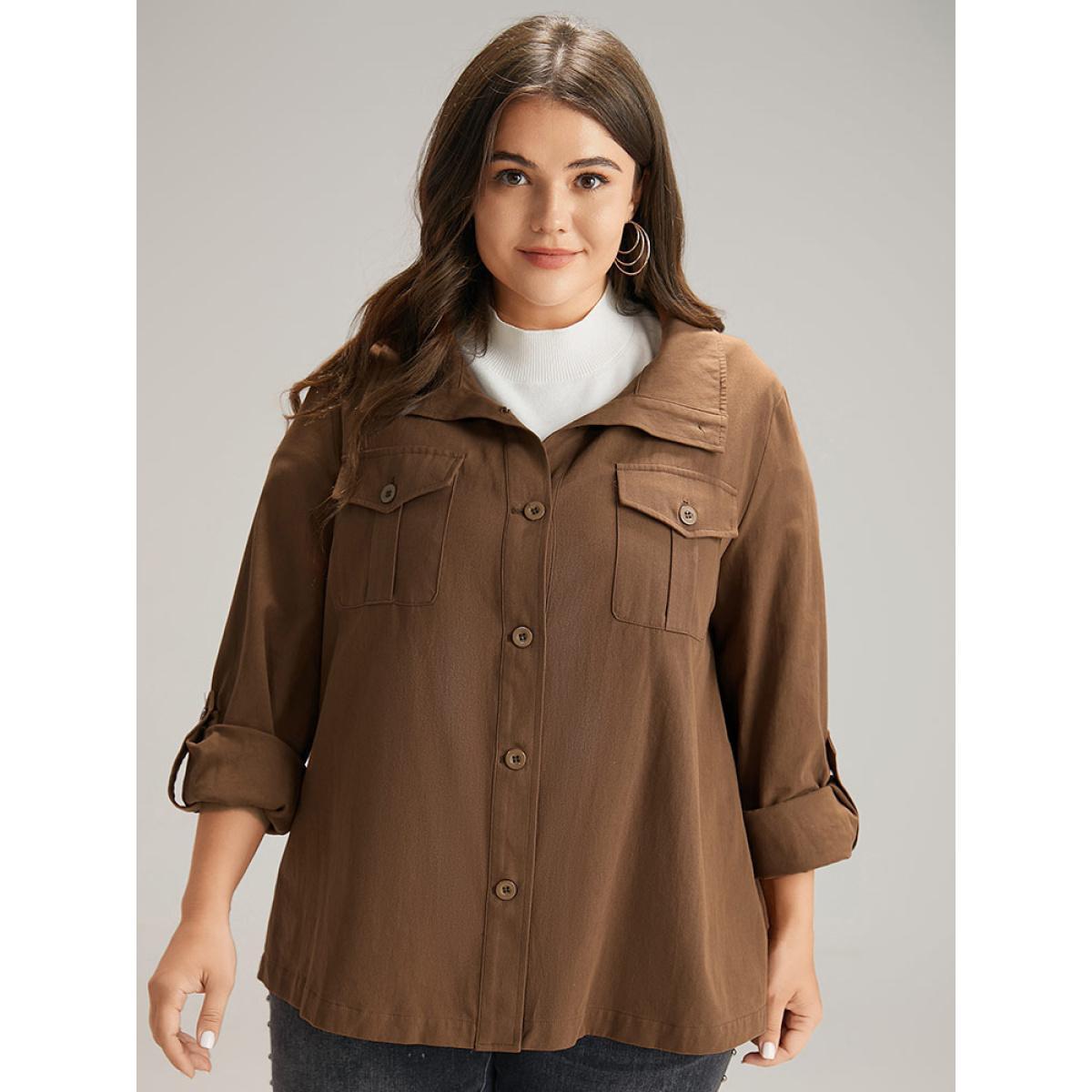 Plus Size Plain Roll Tab Sleeve Button Down Coat Women Bronze Casual Plain Ladies Dailywear Winter Coats BloomChic 30/6X Product Image