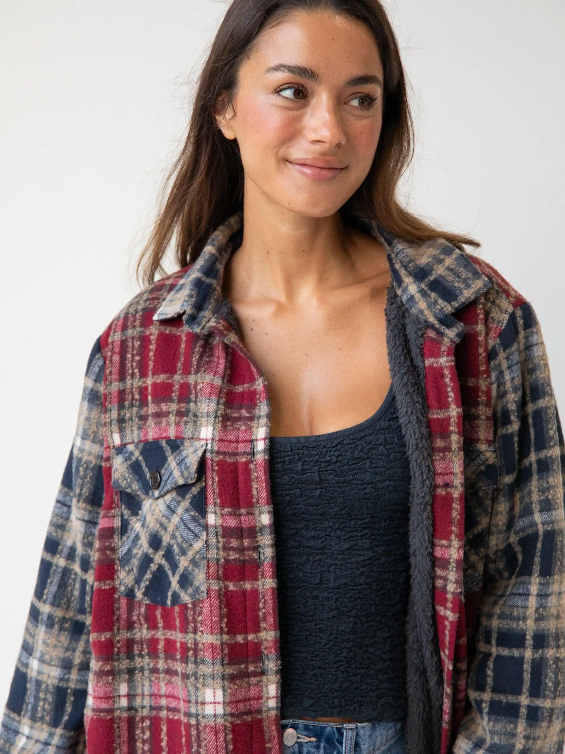 Warm & Cozy Shacket - Cranberry Navy Mixed Plaid Product Image
