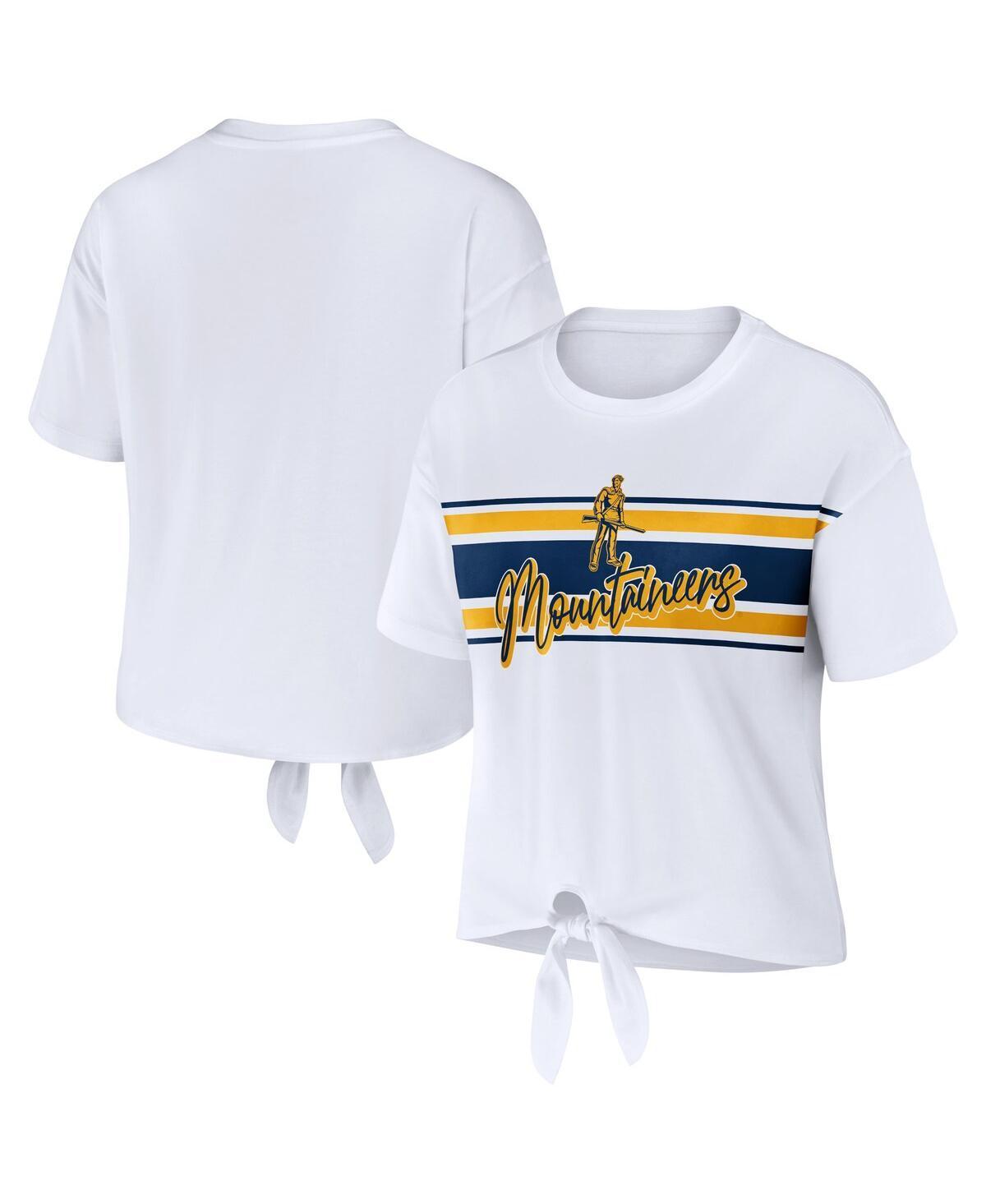 Women's WEAR by Erin Andrews White West Virginia Mountaineers Striped Front Knot Cropped T-Shirt, Size: Large Product Image