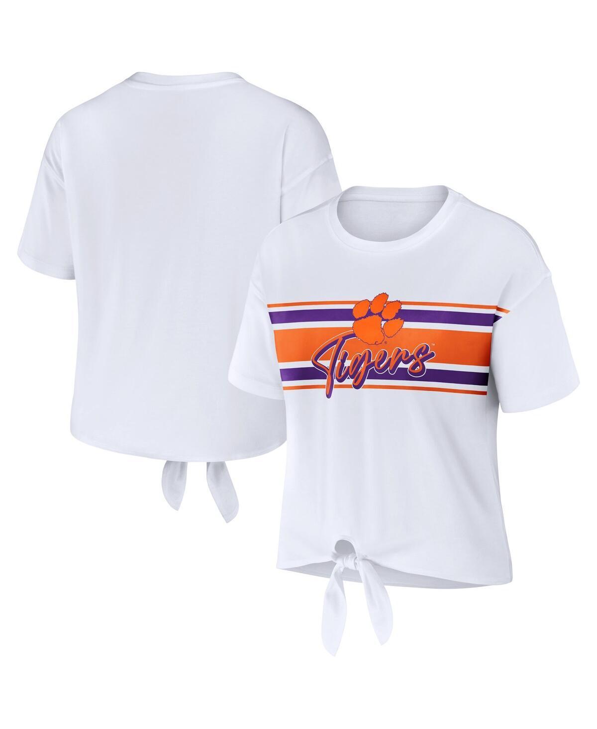 Women's WEAR by Erin Andrews White Clemson Tigers Striped Front Knot Cropped T-Shirt, Size: Medium Product Image