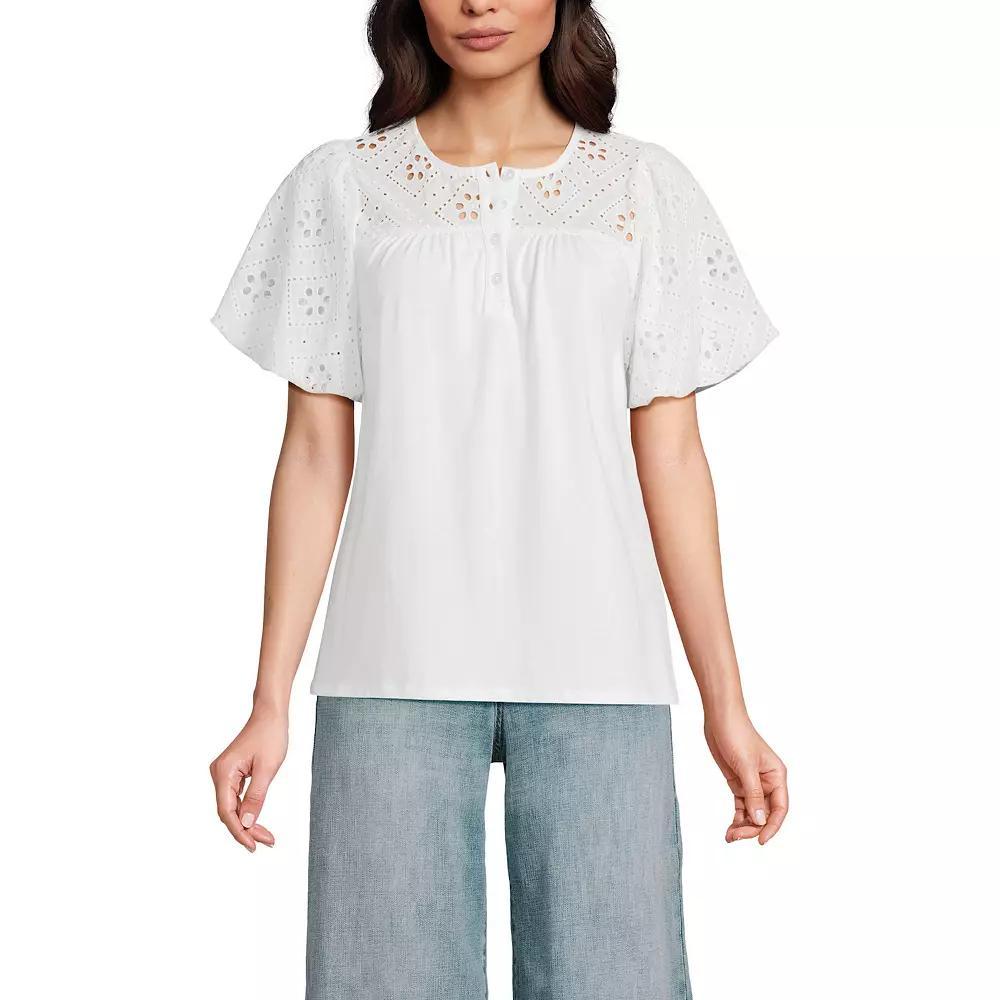 Women's Lands' End Eyelet Crew Puff Sleeve Top, Size: XL, White Product Image