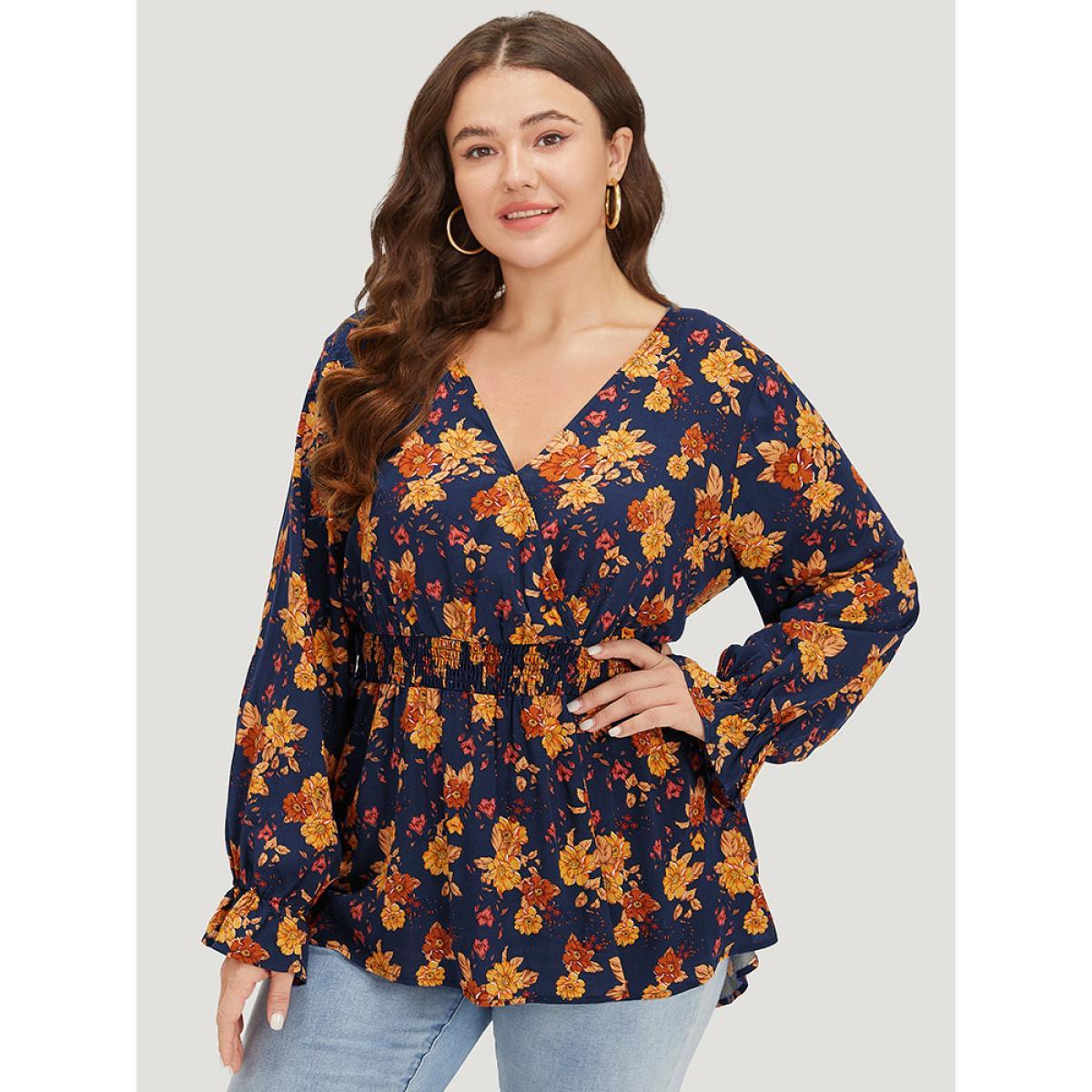 Plus Size Indigo Floral Print Wrap Shirred Lantern Sleeve Blouse Women Vacation Long Sleeve V-neck Dailywear Blouses BloomChic 10/M Product Image