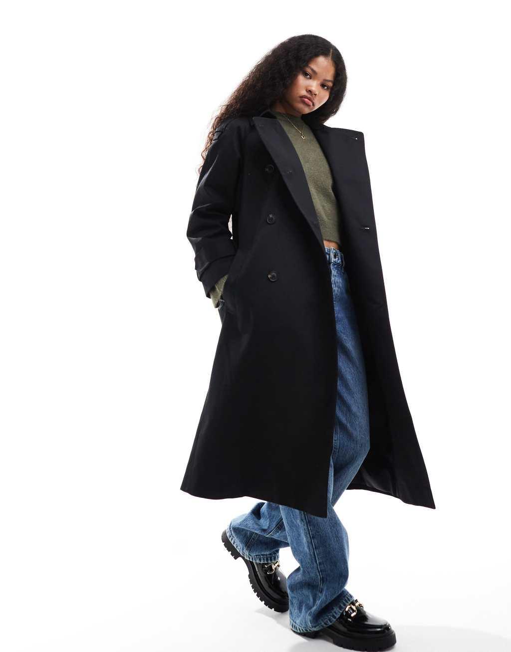 ASOS DESIGN Petite longline trench coat in black Product Image