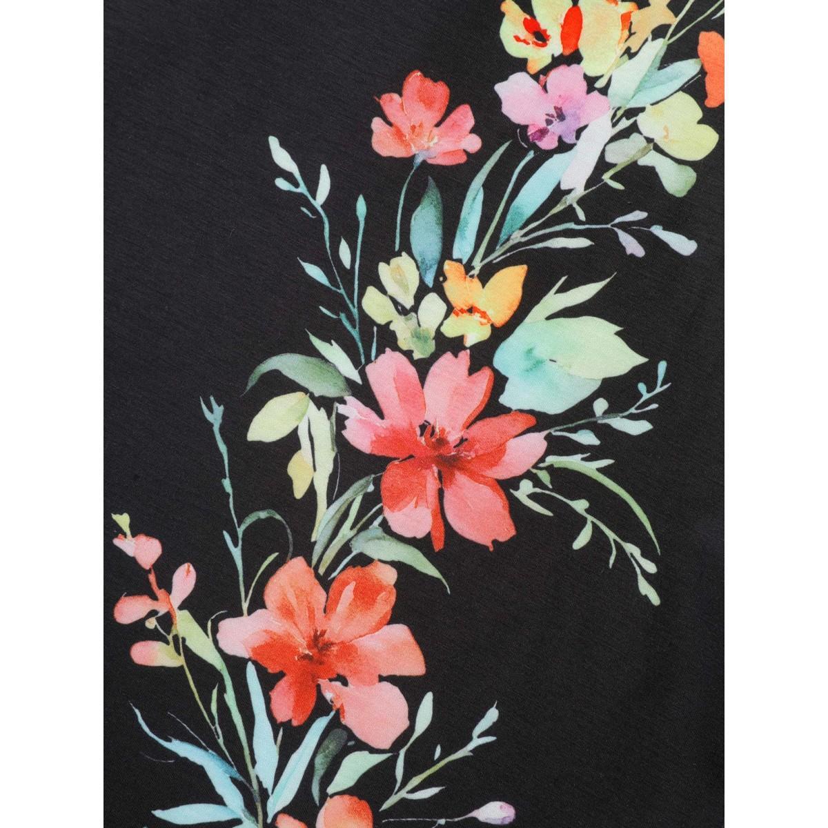 Plus Size Floral Print Solid Round Neck T-Shirt Black Women Contrast Round Neck Everyday-Casual T-shirts BloomChic 14-16/1X Product Image