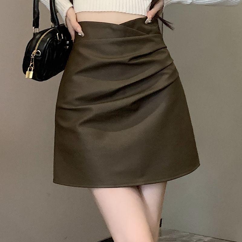 High Rise Plain Ruched Faux Leather Mini A-Line Skirt Product Image