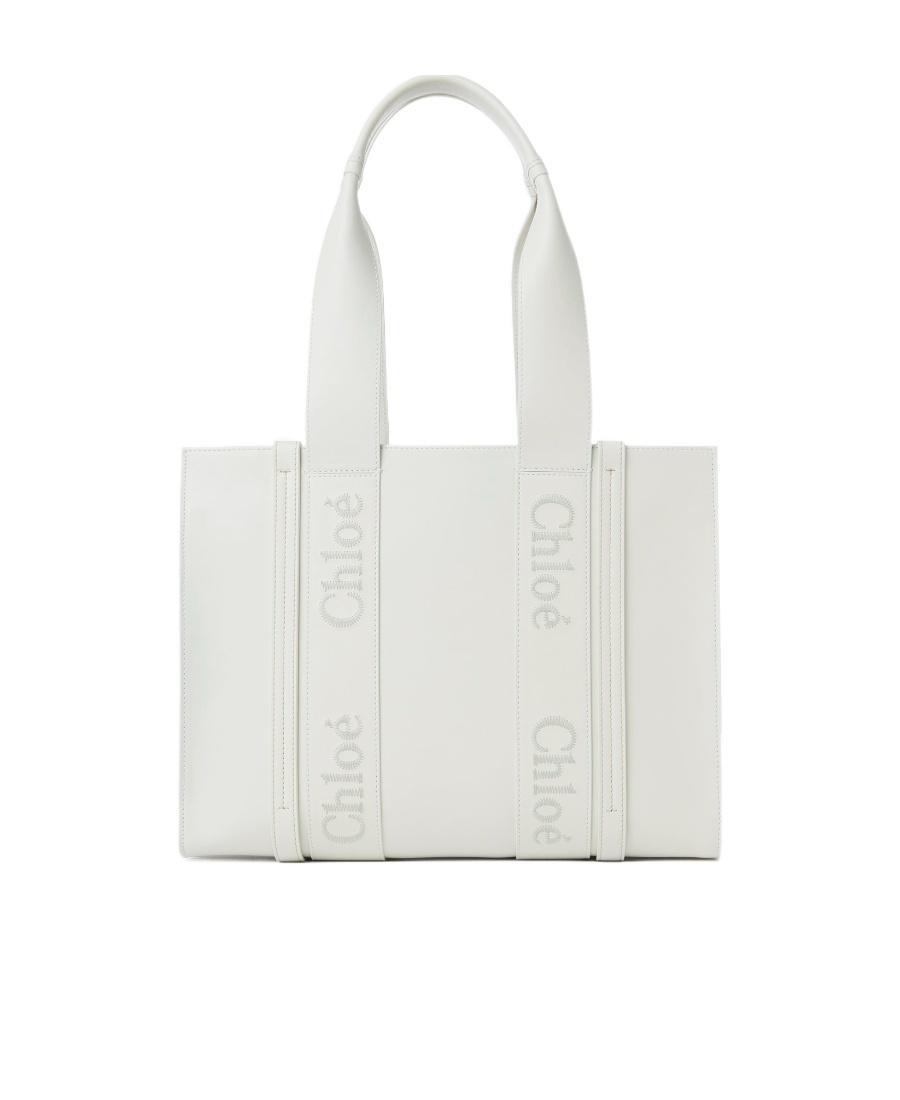 CHLOÉ Medium Woody Leather Tote Bag In White Product Image