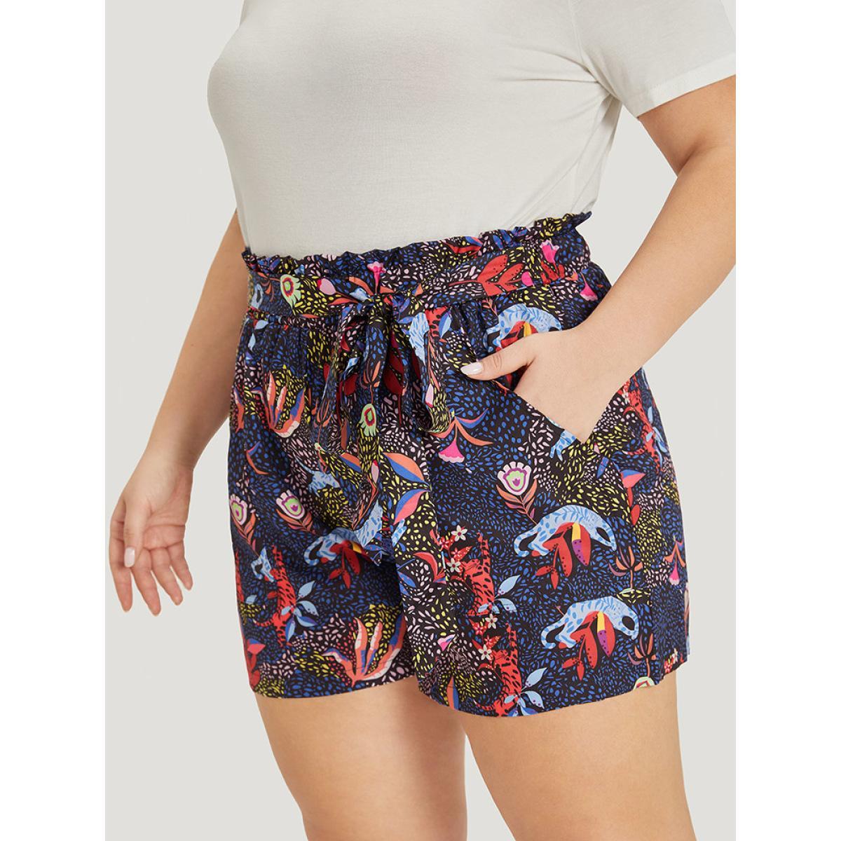 Plus Size Cat & Floral Print Paperbag Waist Belted Pocket Shorts Women Navy Casual Belted Dailywear Shorts BloomChic 26/4X Product Image
