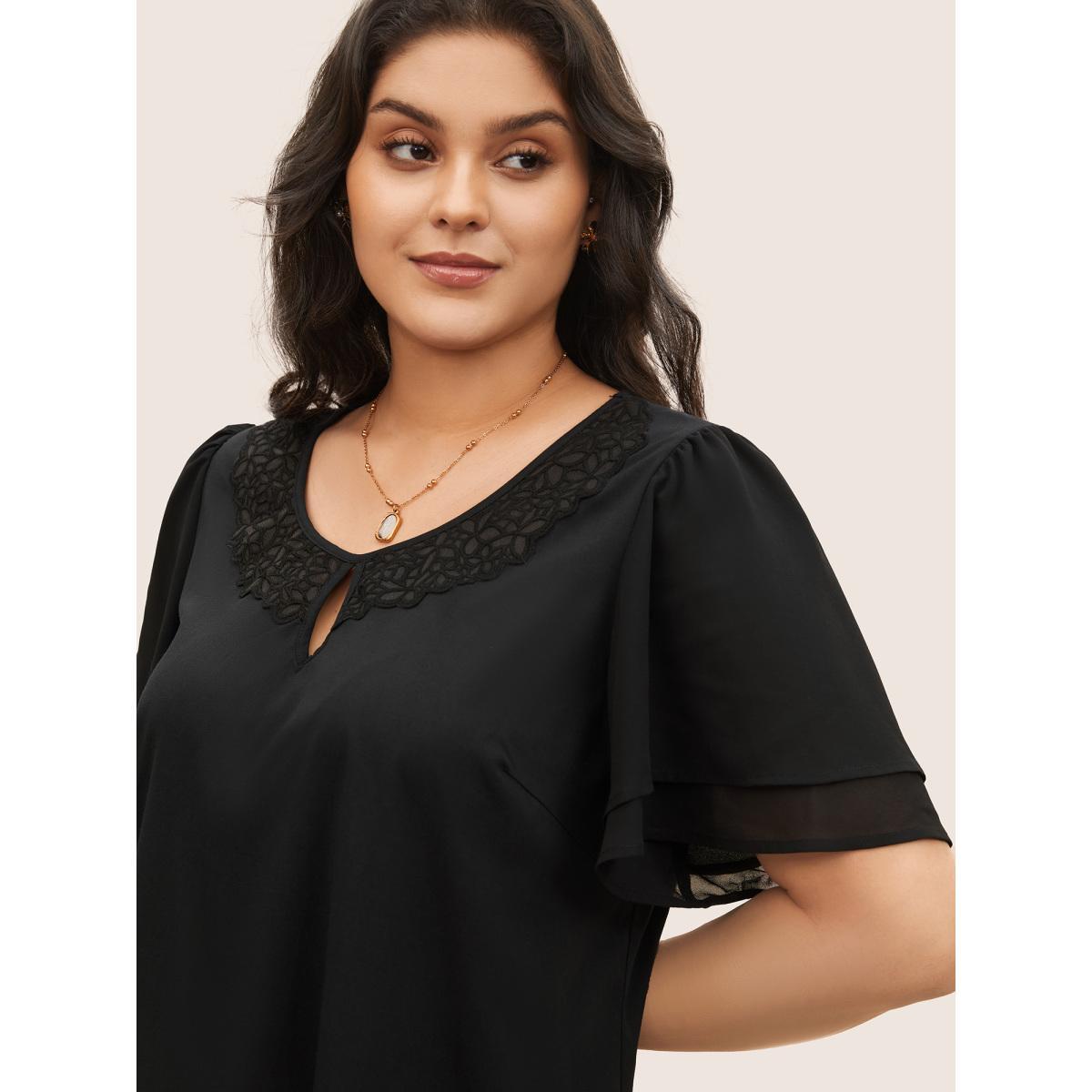 Plus Size Black Stretchy Woven Cut Out Lace Patchwork Blouse Women Elegant Short sleeve Round Neck Everyday Blouses BloomChic 30/6X Product Image