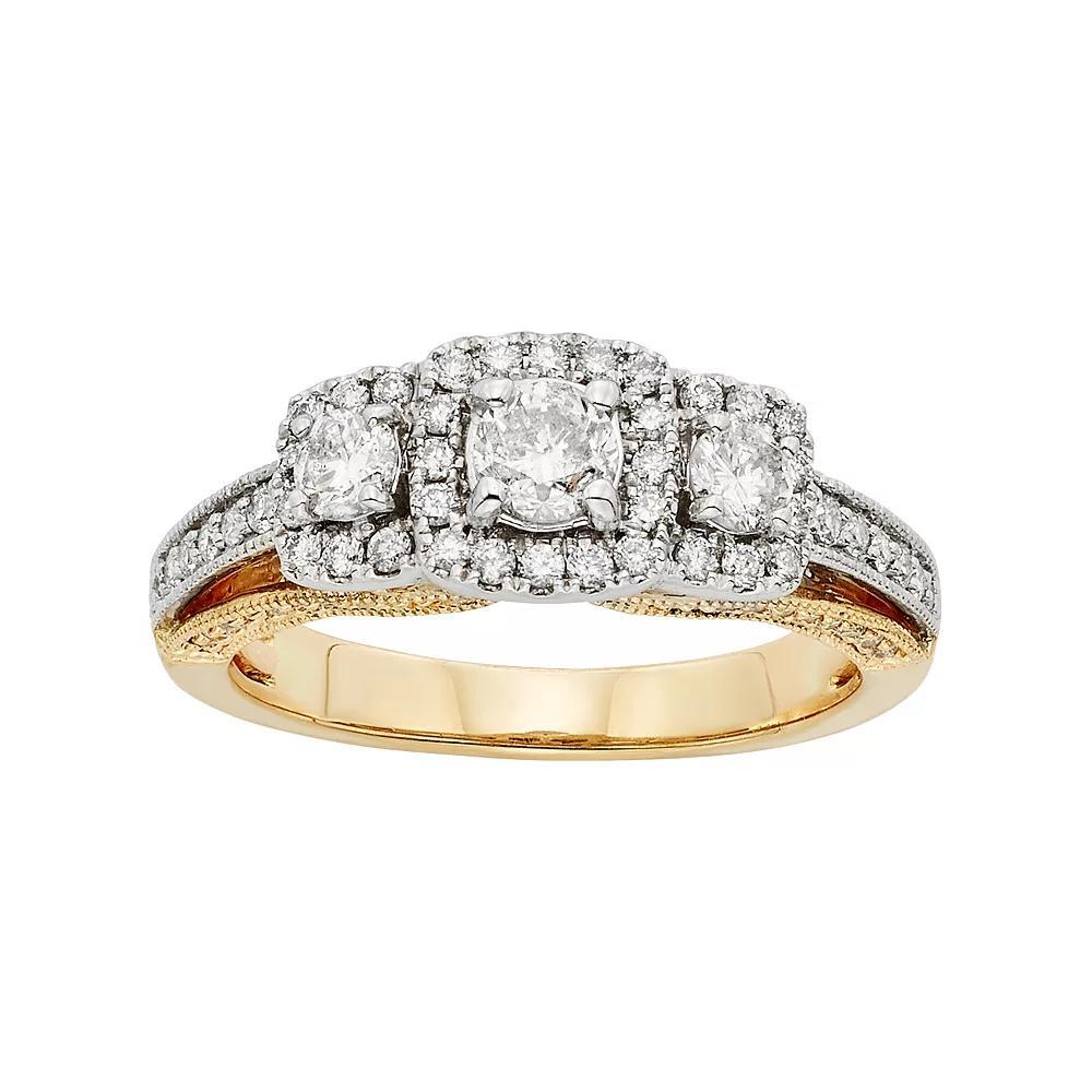 The Regal Collection IGL Certified Diamond 3-Stone Halo Two Tone Engagement Ring in 14k Gold (1 Carat T.W.), Women's, Size: 7, White Product Image