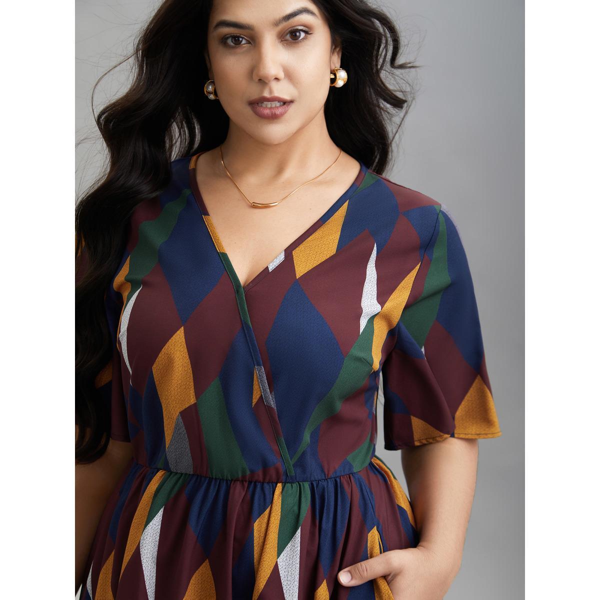 Plus Size Geometric Print Fit and Flare Midi Dress Multicolor Women Elegant Non Overlap Collar Half Sleeve Curvy BloomChic 26/4X Product Image