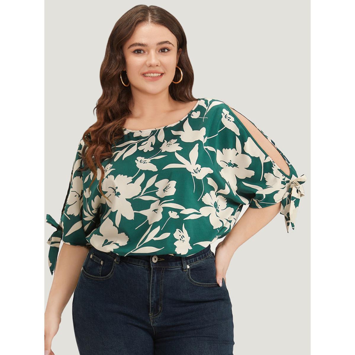 Plus Size Silhouette Floral Print Knotted Cut Out Round Neck Bodysuit Women Cyan Silhouette Floral Print Printed Bodysuits BloomChic 30/6X Product Image