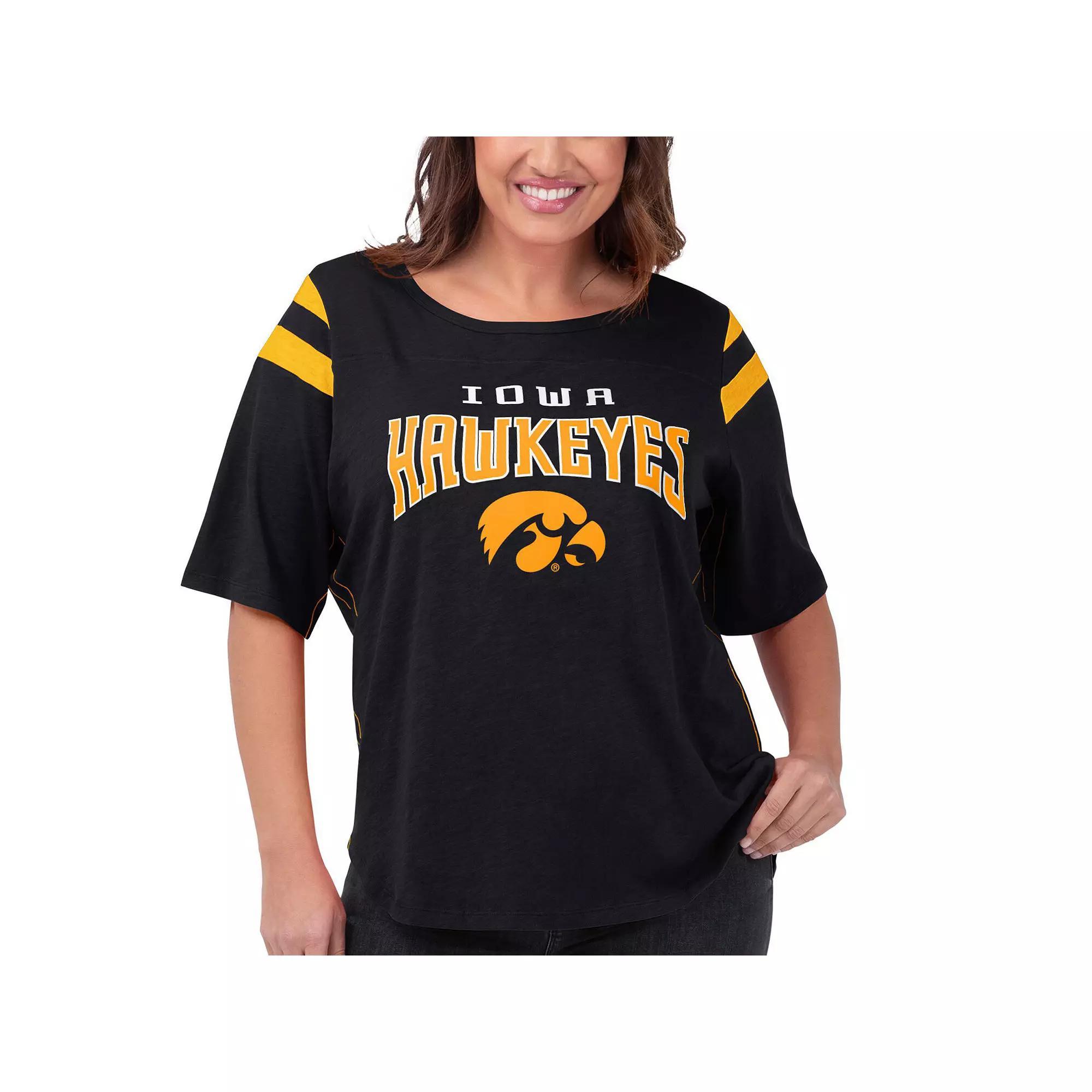 Women's G-III 4Her by Carl Banks Black Iowa Hawkeyes Plus Size Linebacker Half-Sleeve T-Shirt, Size: 2XL Product Image