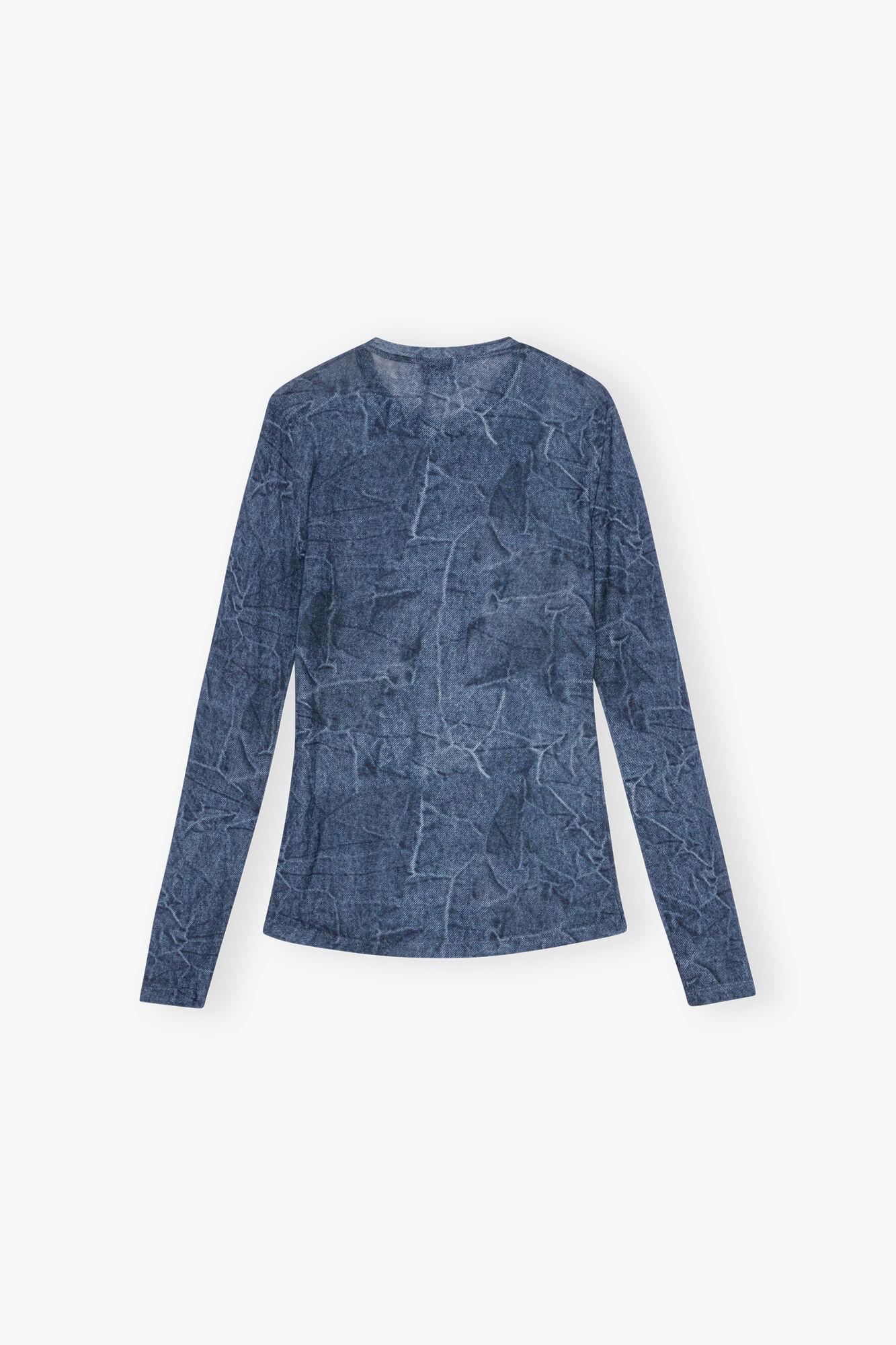 Blue Printed Mesh Long Sleeve Blouse Product Image