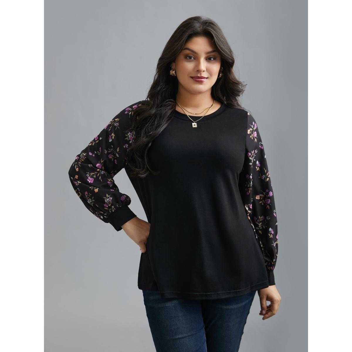 Plus Size Floral Spliced Sleeve Stretchy T-Shirt Black Women Elegant Contrast Natural Flowers Round Neck Everyday T-shirts BloomChic 12/L Product Image