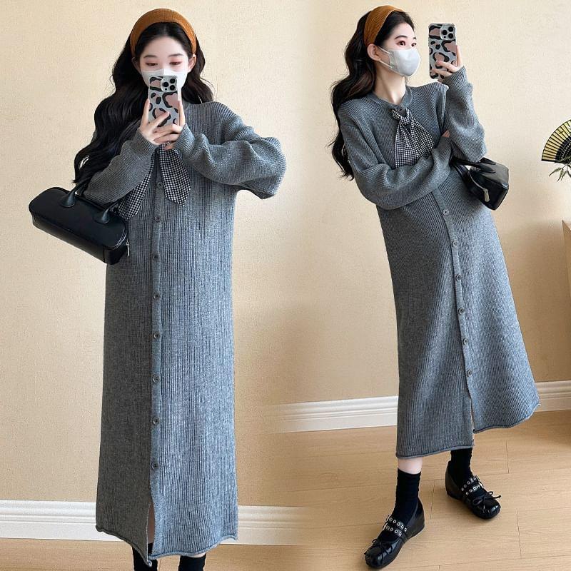 Maternity Long Sleeve Round Neck Plain Button Down Knitted Midi Dress Product Image