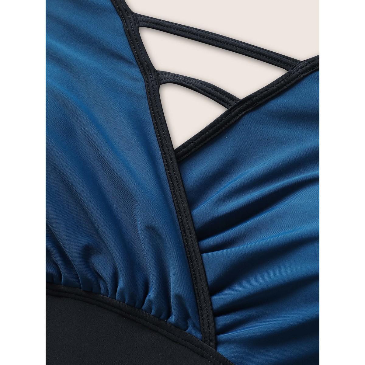 Plus Size Contrast Trim Keyhole Gathered One Piece Swimsuit Women's Swimwear Indigo Beach Gathered Curve Bathing Suits High stretch One Pieces BloomChic 10/M Product Image