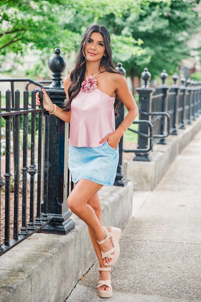 Take A Picture Dusty Pink Rosette Satin Halter Tank FINAL SALE Product Image