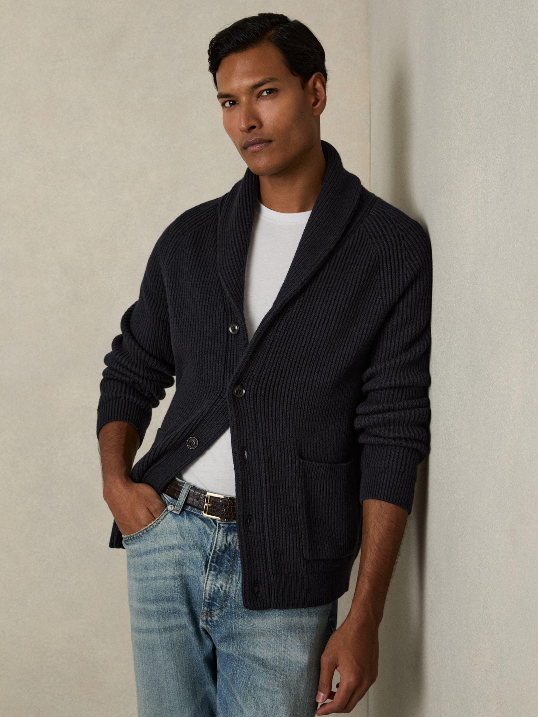 Ribbed Shawl-Collar Cardigan with Cotton and Wool in Navy Product Image