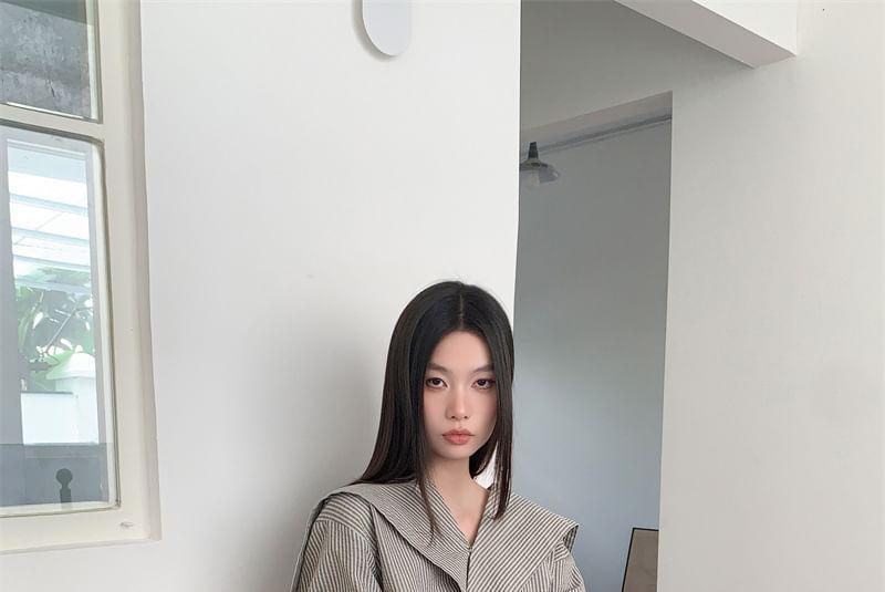 Long-Sleeve Sailor Collar Striped Asymmetrical Blouse Product Image