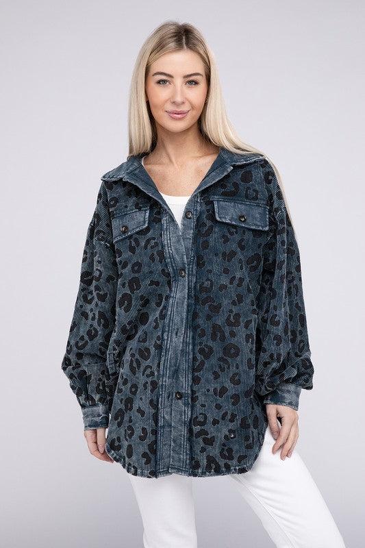 Vintage Washed Leopard Corduroy Buttoned Jacket Product Image