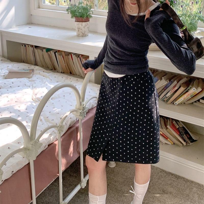 High Waist Dotted Slit A-Line Skirt Product Image