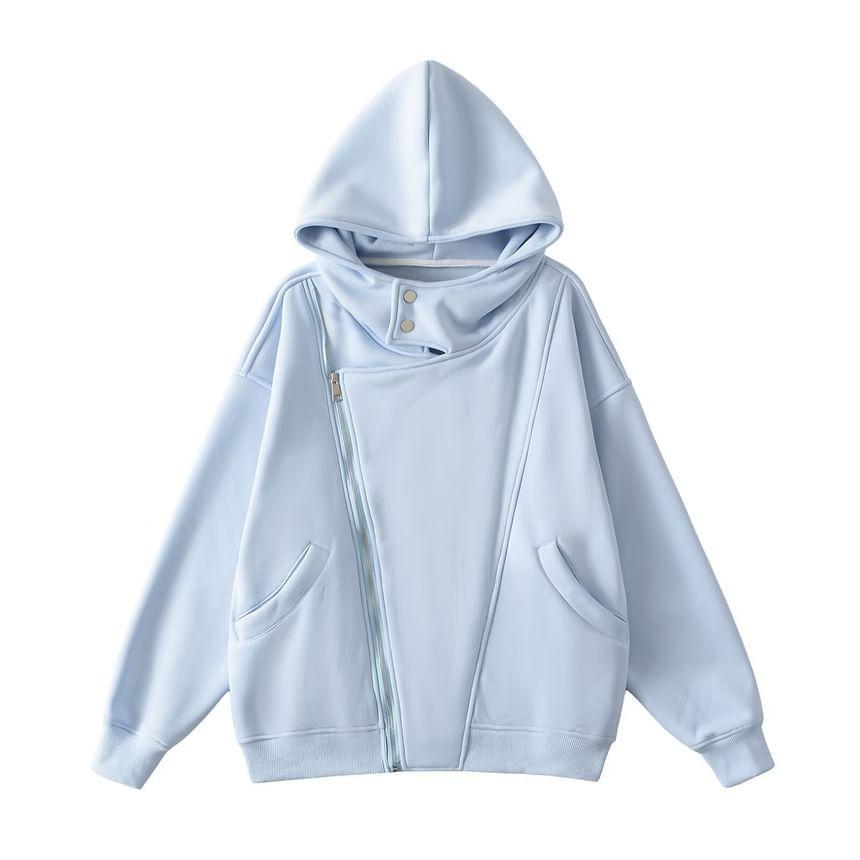 Long-Sleeve Asymmetrical Plain Zip Detail Hoodie Product Image