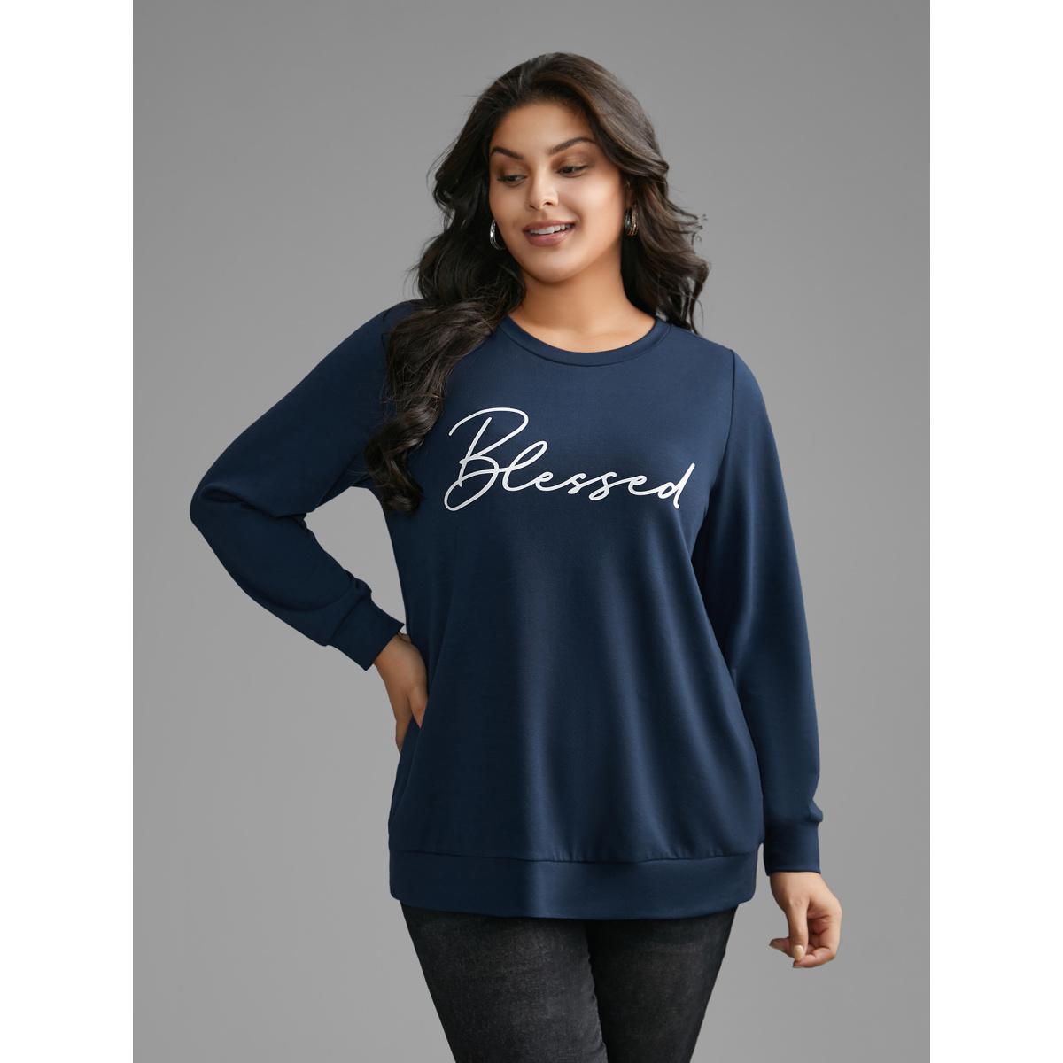 Plus Size Letter Print Crew Neck Sweatshirt Women Midnight Casual Non Round Neck Everyday Sweatshirts BloomChic 26/4X Product Image
