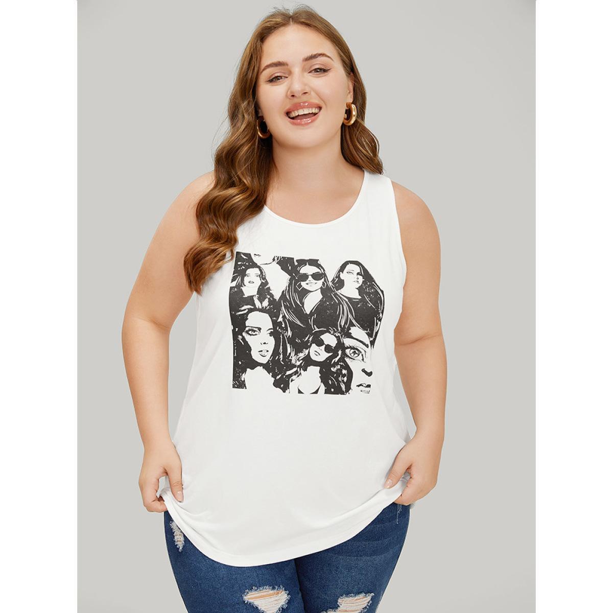 Plus Size Figure Print Sleeveless Tank Top Women White Casual Dailywear Tank Tops Camis BloomChic 18-20/2X Product Image