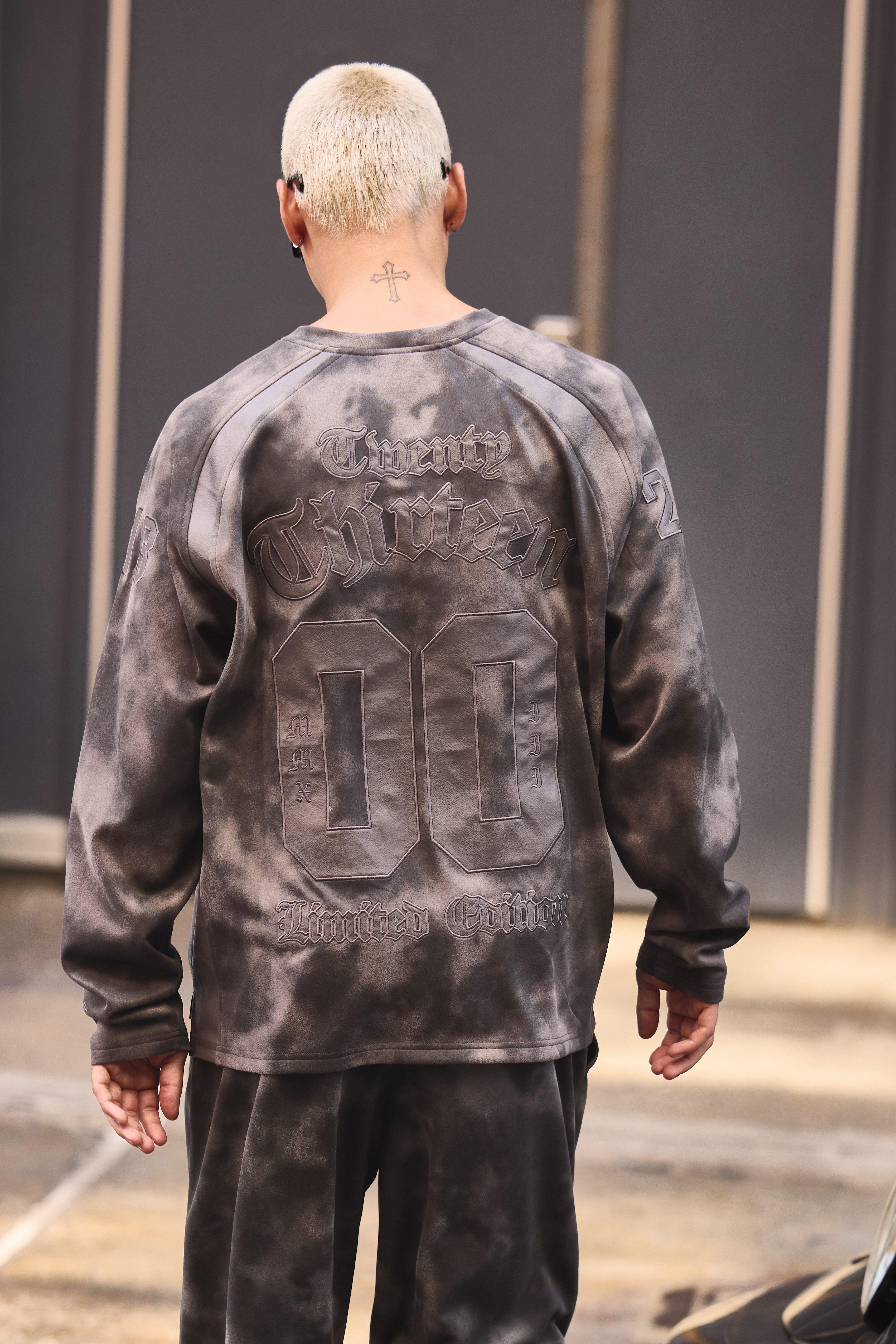 Mens Oversized Suede And PU Applique Varsity Long Sleeve T-Shirt - Blue Product Image