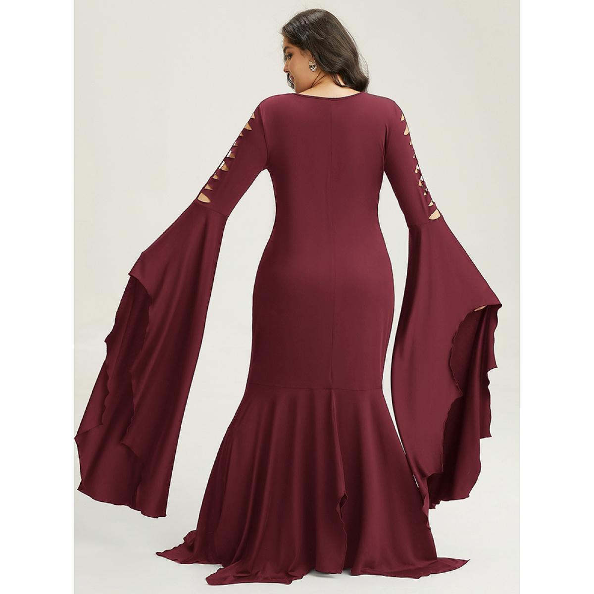 Plus Size Halloween Ripped Extra Long Sleeve Dress Burgundy Women Elegant Plain V-neck Extra Long Sleeve Curvy Maxi Dress BloomChic 28/5X Product Image
