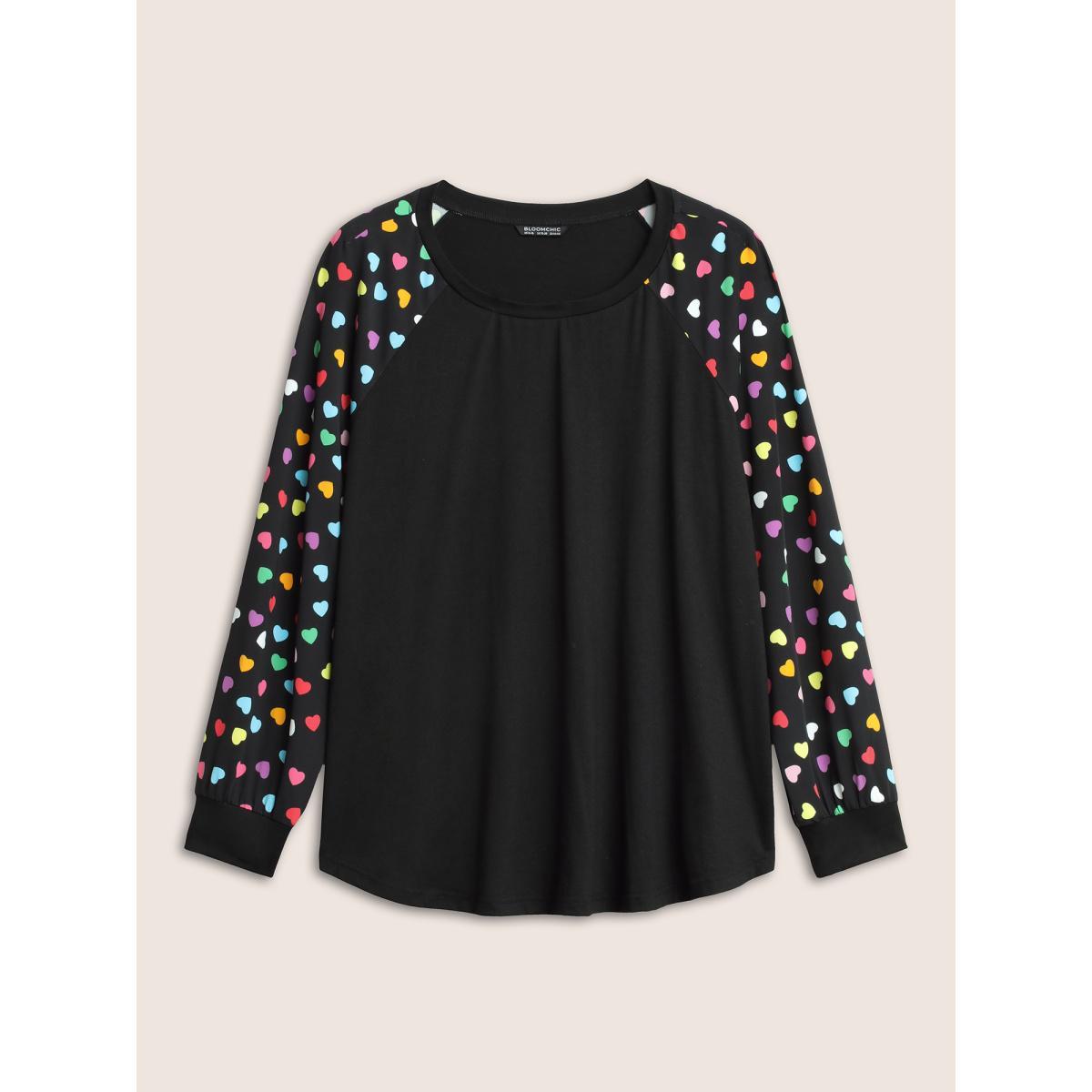 Plus Size Colour Heart Print Raglan Sleeve T-shirt Black Women Elegant Non Heart Print Round Neck Everyday T-shirts BloomChic 22-24/3X Product Image