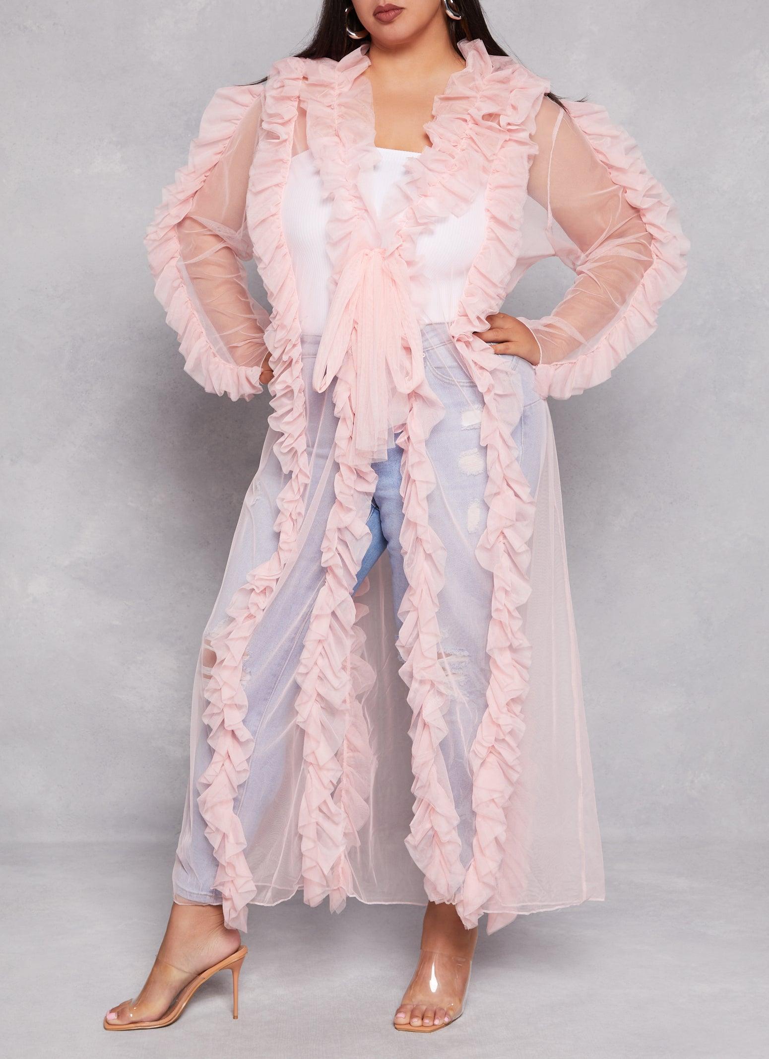 Womens Plus Size Ruffled Tulle Tie Front Duster Product Image