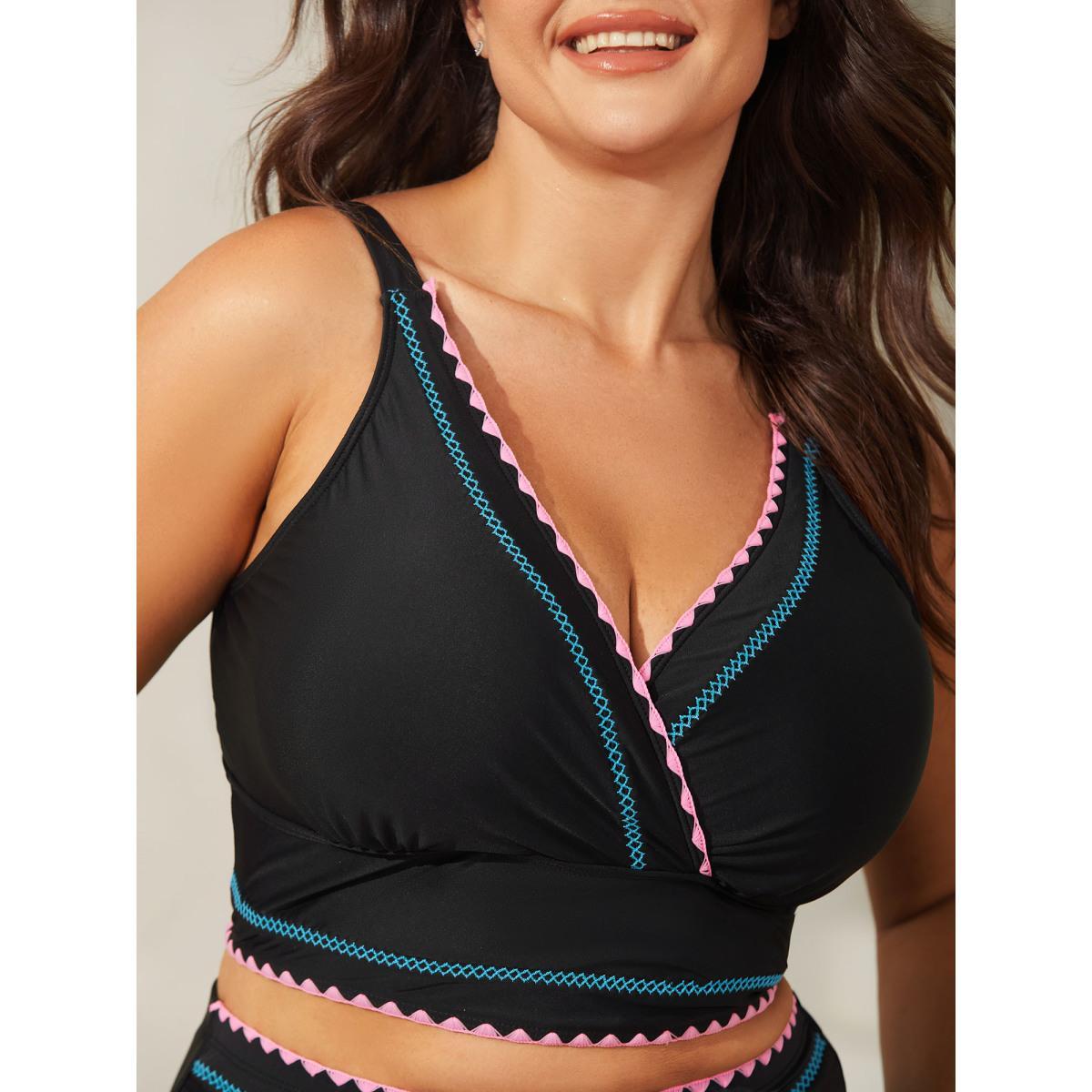 Plus Size Embroidered Color Contrast Swim Top Women's Swimwear Black Beach Contrast High stretch Skinny Overlap Collar Curve Swim Tops BloomChic 10/M Product Image