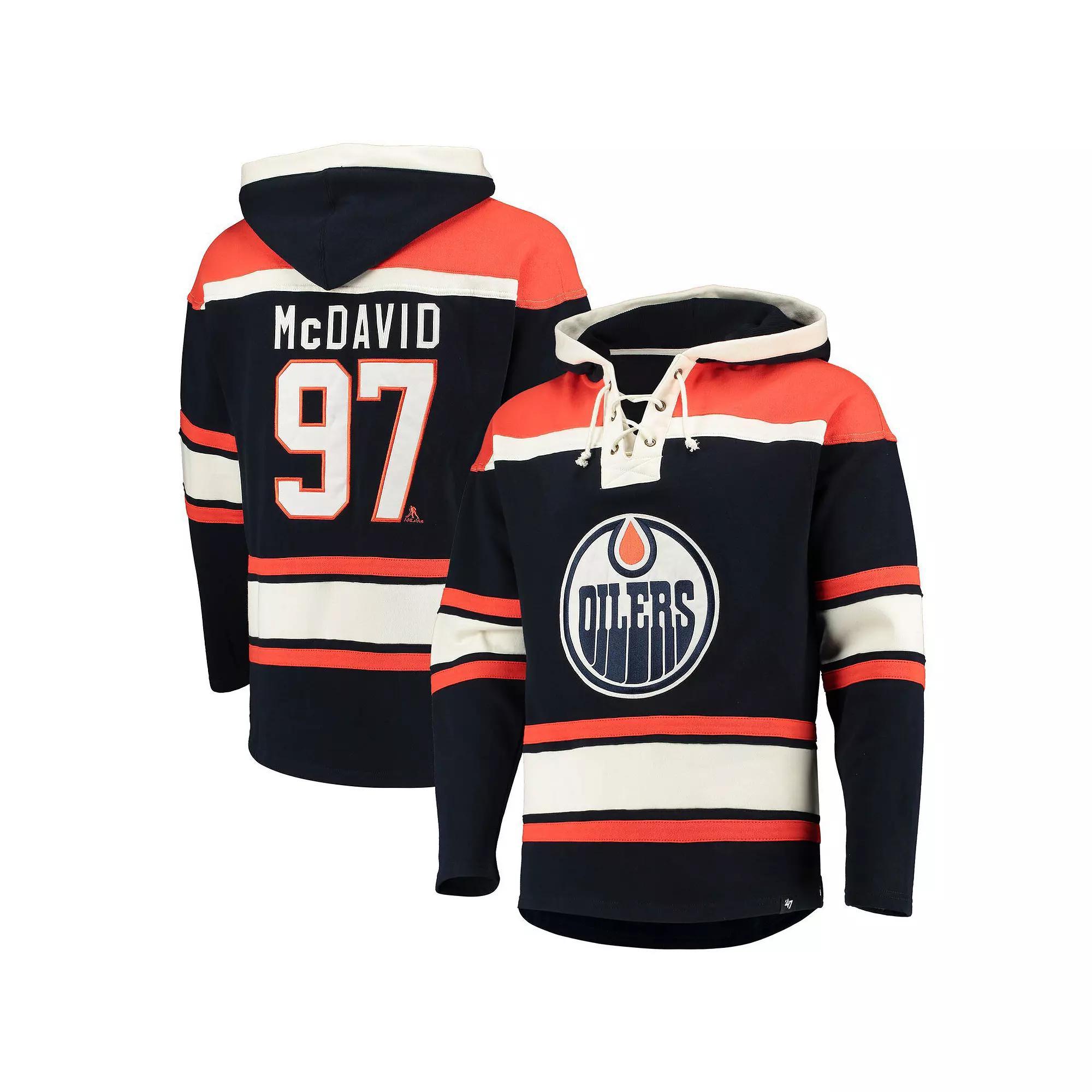 Men's '47 Connor McDavid Navy Edmonton Oilers Player Name & Number Lacer Pullover Hoodie, Size: 2XL, Oil Blue Product Image
