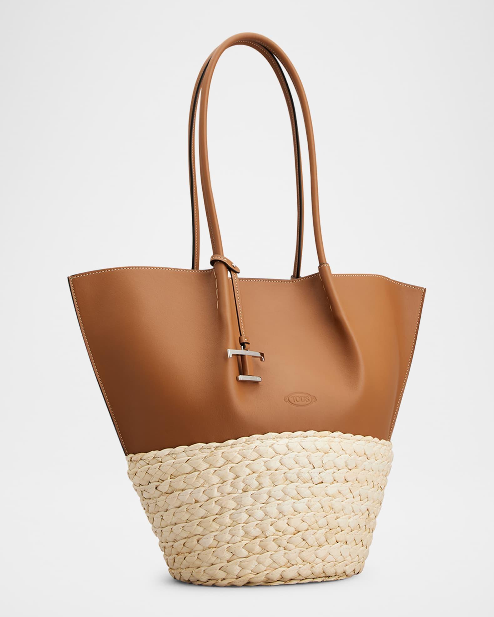 Bux Medium Leather & Woven Leaf Shopping Tote Bag Product Image