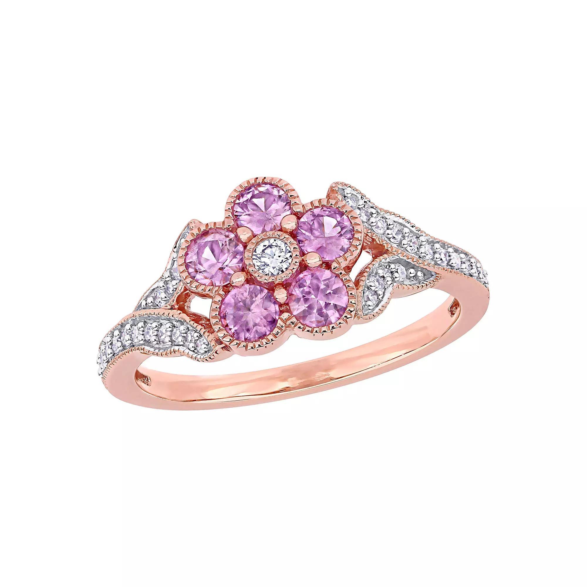 Stella Grace 10K Rose Gold Pink Sapphire & 1/6 Carat T.W. Diamond Flower Ring, Women's Product Image