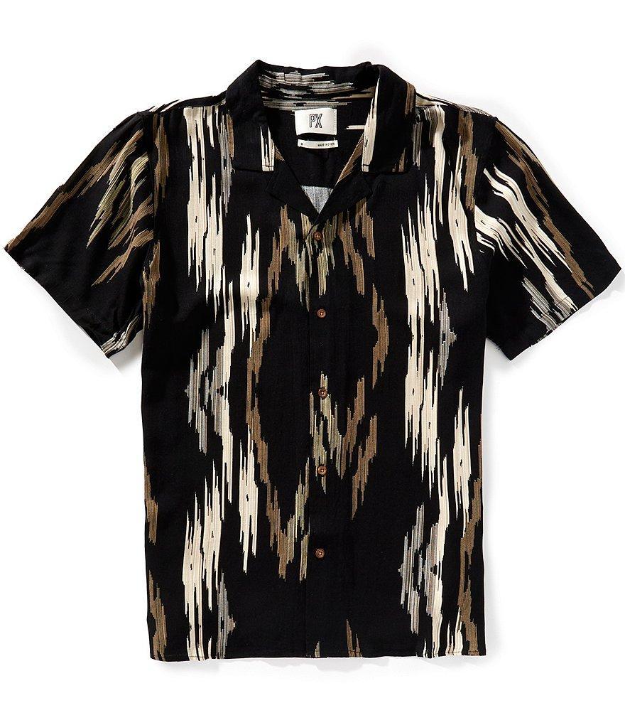 PX Clothing Short Sleeve Camp Neckline Vertical Zig-Zag Woven Shirt Product Image