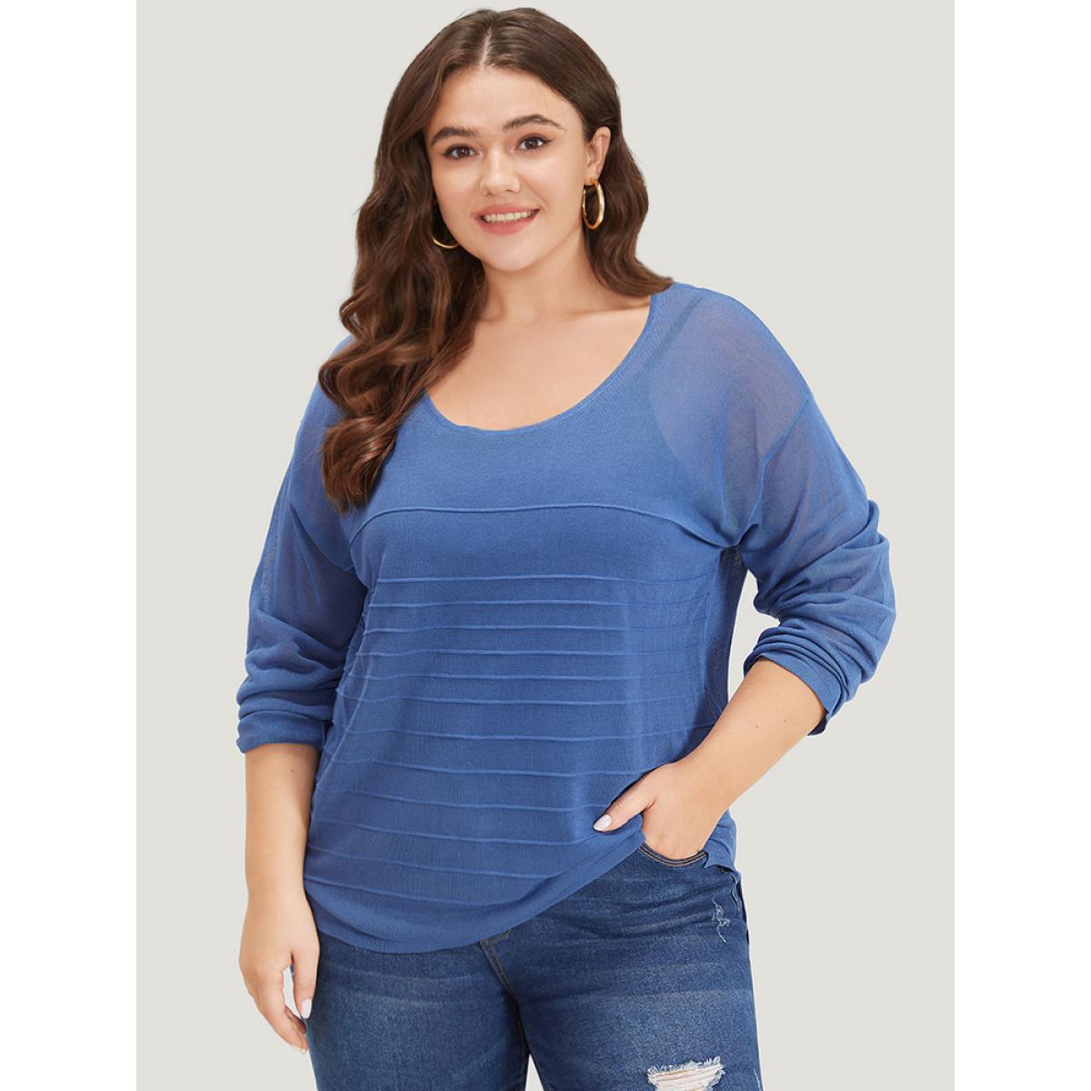 Plus Size Solid High Low Hem Drop Shoulder Split Side Pullover Cerulean Women Casual Loose Long Sleeve Round Neck Everyday Pullovers BloomChic 26/4X Product Image