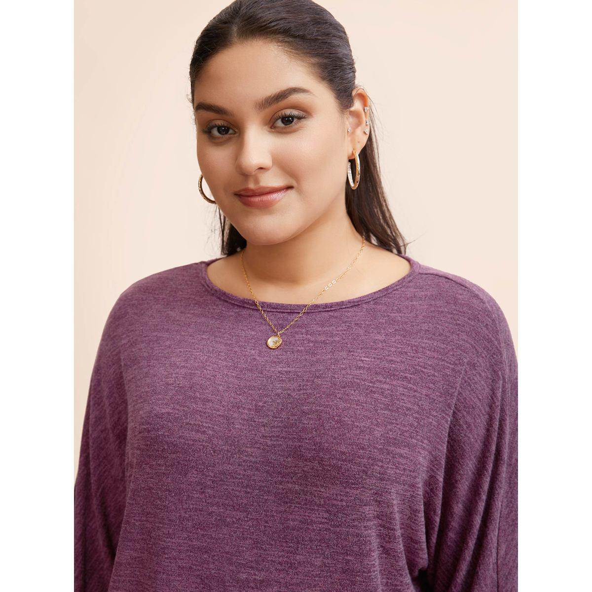 Plus Size Plain Heather Elastic cuffs Dolman Sleeve T-shirt Purple Women Casual Elastic cuffs Plain Round Neck Everyday T-shirts BloomChic 30/6X Product Image