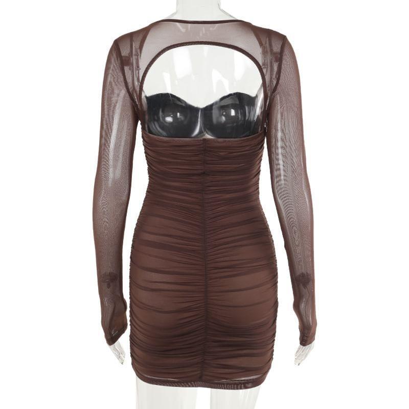 Long Sleeve Square Neck Ruched Bodycon Mini Dress Product Image