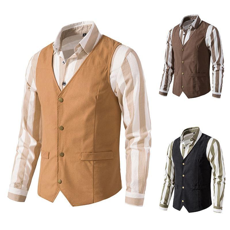 V-Neck Plain Button Vest Product Image