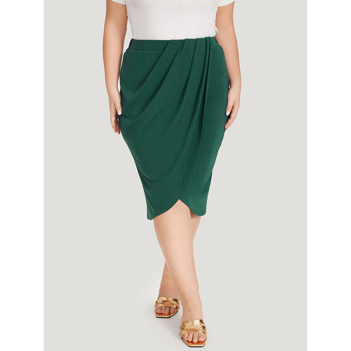 Plus Size Solid Pleated Detail Wrap Hem Skirt Women DarkGreen Office Plain Bodycon No stretch Work Skirts BloomChic 12/L Product Image