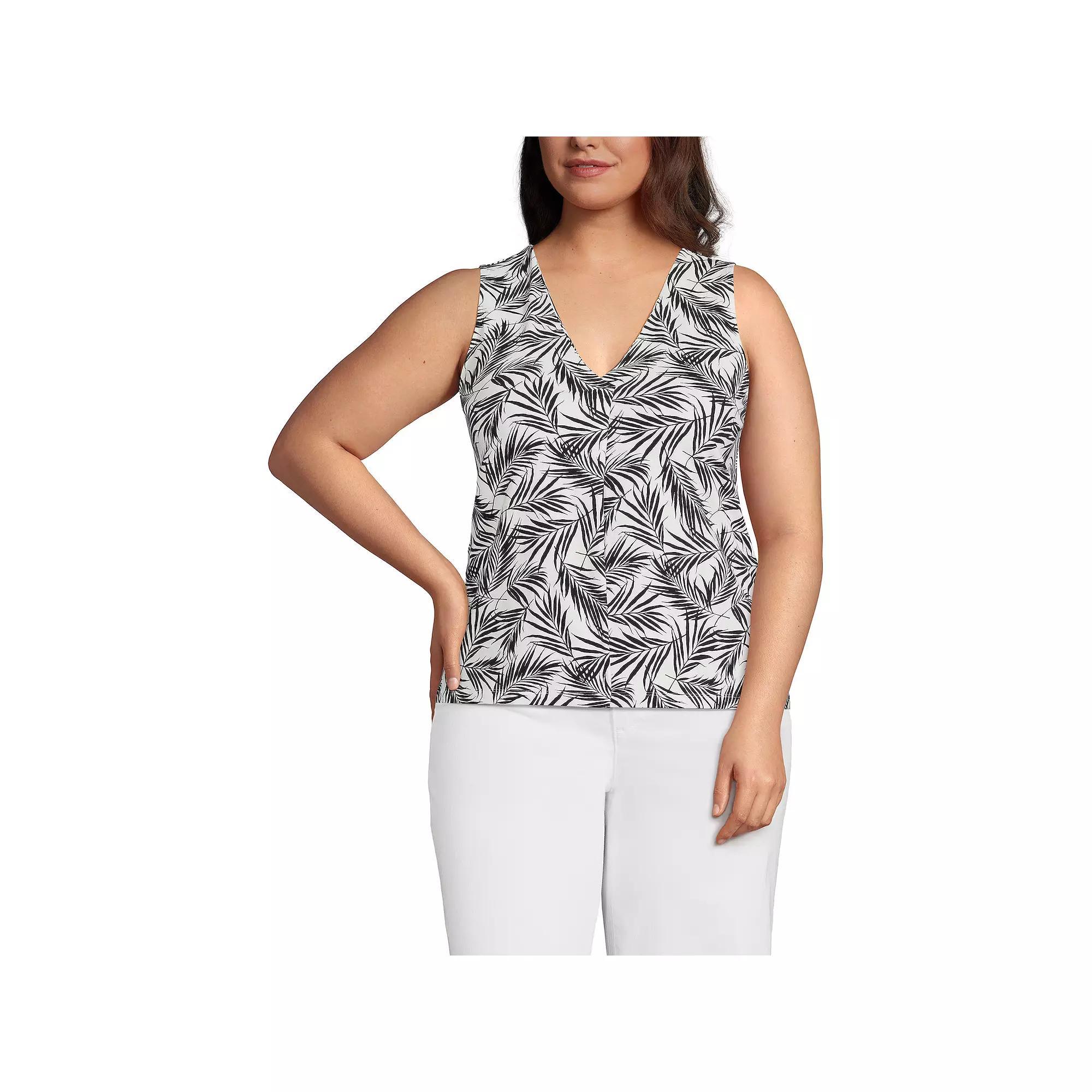Plus Size Lands' End Lightweight Pleated V-Neck Tank Top, Women's, Size: 3XL, Ivory Black Palm Product Image