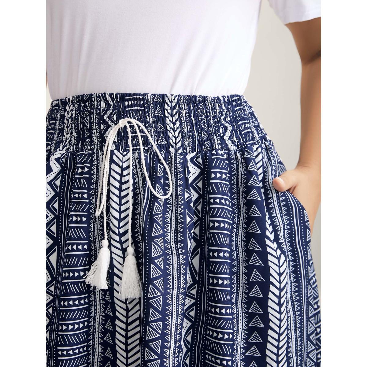 Plus Size Boho Stripes Shirred Waist Maxi Skirt Women Indigo Resort Drawstring Low stretch Slanted pocket Vacation Skirts BloomChic 22-24/3X Product Image